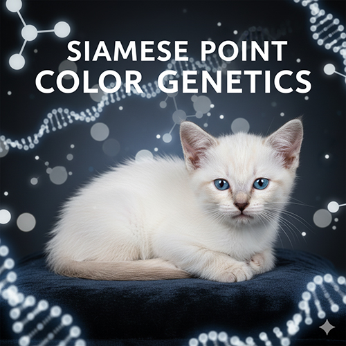 Mèo Xiêm con với mắt xanh lam nằm trên nền xanh đậm, xung quanh là hình ảnh DNA tượng trưng cho di truyền màu lông.