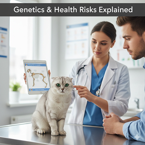 Bác sĩ thú y giải thích về di truyền và rủi ro sức khỏe của mèo tai cụp cho chủ nuôi cùng một chú mèo Scottish Fold đang ngồi trên bàn khám