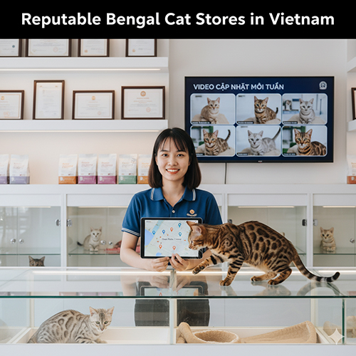 Nhân viên cửa hàng Chạm Pets Family giới thiệu mèo Bengal và bản đồ các địa chỉ trại mèo uy tín tại Việt Nam