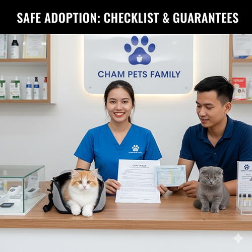 Nhân viên Chạm Pets Family tại quầy ký gửi hợp đồng và sổ tiêm, cạnh hai bé mèo Munchkin; minh họa địa chỉ mua mèo chân ngắn uy tín ở TP.HCM & Hà Nội cùng chính sách bảo hành.