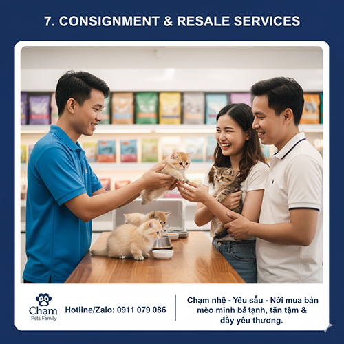 Nhân viên pet shop trao đổi với cặp khách trẻ khi nhận ký gửi mèo Munchkin con trên quầy – dịch vụ ký gửi và bán lại minh bạch, an toàn