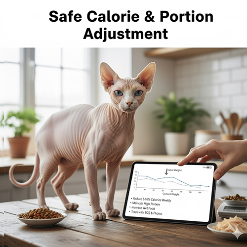 Mèo Sphynx đứng cạnh tablet hiển thị biểu đồ giảm cân, minh họa cách điều chỉnh calo và khẩu phần an toàn.