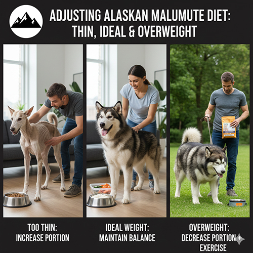 Điều chỉnh khẩu phần ăn cho chó Alaska khi gầy, chuẩn hoặc thừa cân