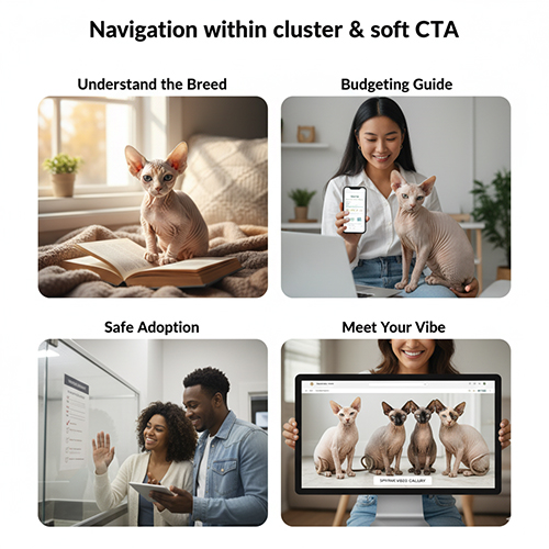 Bộ ảnh 4 khung minh họa điều hướng trong cluster mèo Sphynx: tổng quan giống, ngân sách, mua an toàn và danh mục bé.