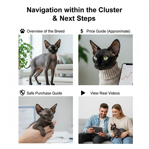 Bốn hình minh họa điều hướng: tổng quan mèo Sphynx, hướng dẫn giá, mua an toàn và xem video thật