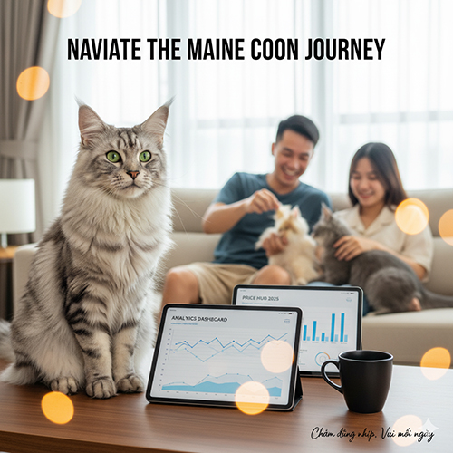 Mèo Mỹ lông dài ngồi trước cặp đôi đang chơi với mèo khác, phía trước là tablet hiển thị biểu đồ giá và thông tin điều hướng