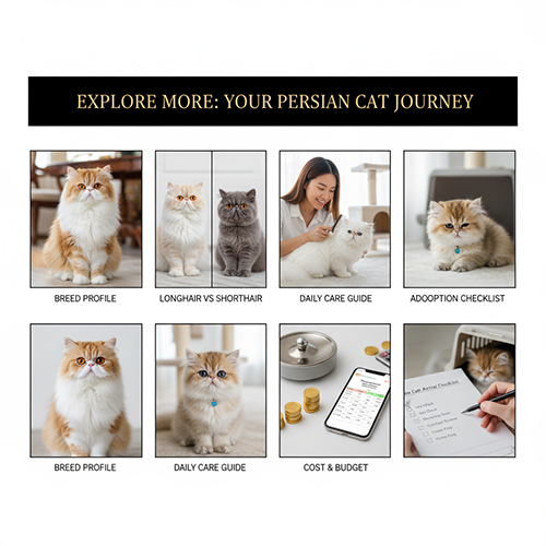 Bộ ảnh điều hướng gồm các chủ đề về mèo Ba Tư như profile giống, longhair vs shorthair, chăm sóc hằng ngày, checklist nhận nuôi và chi phí.