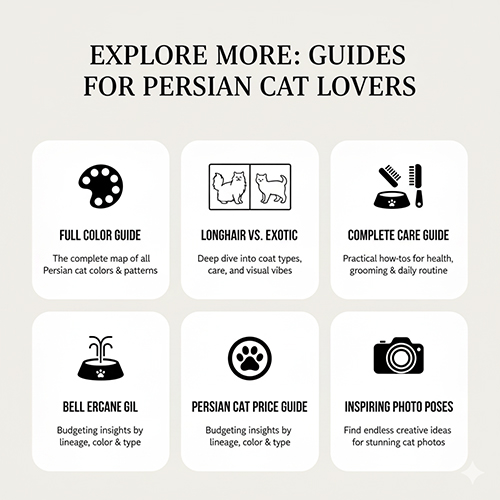 Lưới biểu tượng điều hướng các chủ đề về mèo Ba Tư như màu lông, longhair vs exotic, cách nuôi, giá và concept ảnh