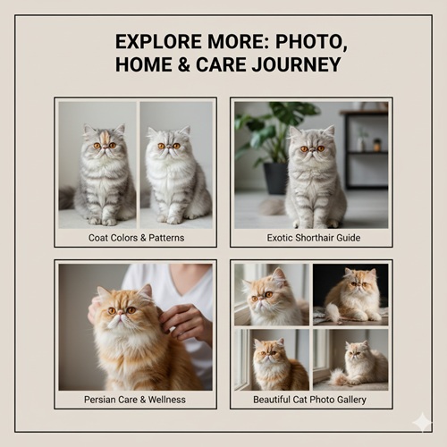 Bộ ảnh điều hướng đọc tiếp gồm màu lông Persian, hướng dẫn Exotic Shorthair, chăm sóc Persian và thư viện ảnh mèo đẹp