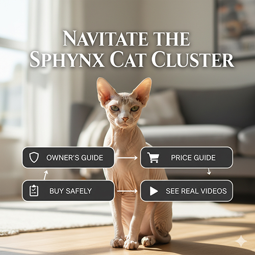 Mèo Sphynx ngồi trong phòng sáng, phía trước là các nút điều hướng như hướng dẫn nuôi, giá, mua an toàn và xem video