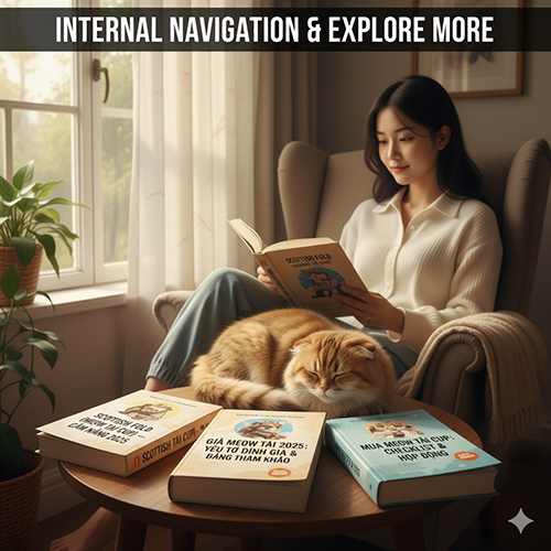 Ảnh minh họa điều hướng nội bộ cho Scottish Fold; cô gái đọc sách bên cửa sổ, mèo tai cụp nằm trên ghế, trước mặt là các “cuốn sách” gợi ý đọc tiếp như cẩm nang, màu lông, giá và checklist mua.