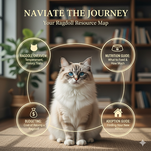 Mèo Ragdoll ngồi giữa phòng, xung quanh là các biểu tượng điều hướng về tổng quan giống, dinh dưỡng, ngân sách và nhận nuôi.