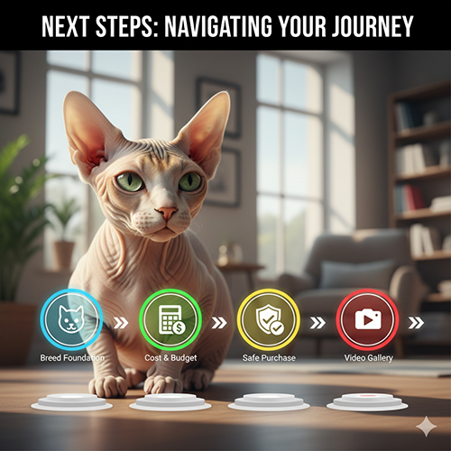 Một mèo không lông ngồi trong phòng khách, phía trước là các biểu tượng điều hướng như nền tảng giống, chi phí, mua an toàn và video thật