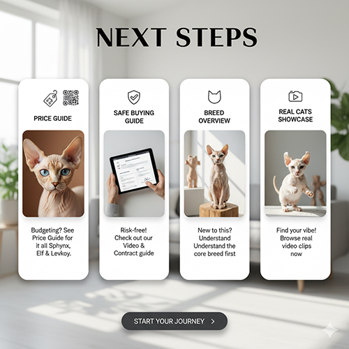 Bảng điều hướng gồm 4 mục: giá, mua an toàn, tổng quan giống và video thật cho mèo không lông.