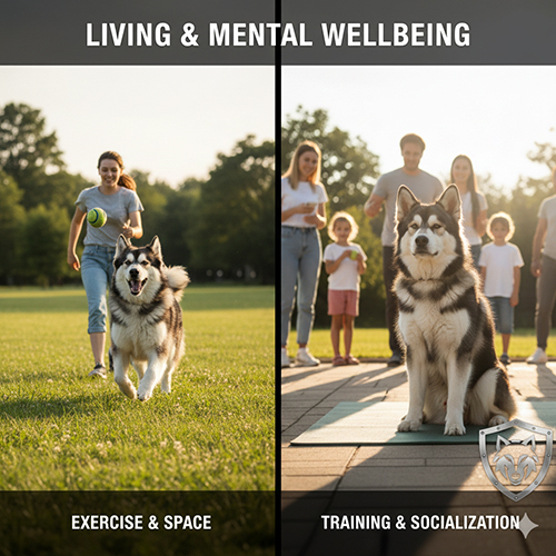 Chó Becgie lai Alaska vận động ngoài trời và tham gia huấn luyện cùng gia đình, thể hiện sự cân bằng tinh thần