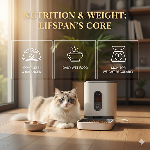 Mèo Ragdoll nằm cạnh máy cho ăn tự động và bát thức ăn, kèm các biểu tượng dinh dưỡng và cân nặng.