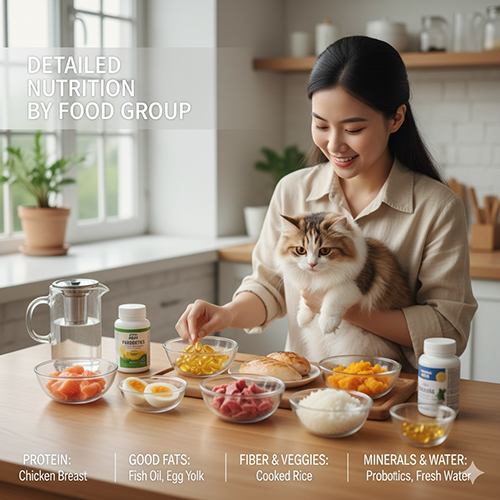 Cô gái bế mèo Munchkin bên bàn bếp với các bát thực phẩm mẫu: ức gà, thịt bò, cá, lòng đỏ trứng, bí đỏ, cơm, men tiêu hóa và nước; minh họa các nhóm dinh dưỡng cho mèo.