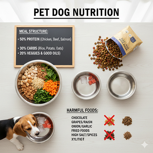 Infographic dinh dưỡng cho chó cảnh với cấu trúc bữa ăn cân đối và danh sách thực phẩm có hại