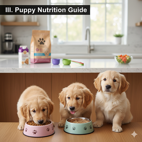 Ba chú chó con Golden Retriever ăn trong bát màu hồng và xanh trên bàn bếp, phía sau là túi thức ăn và sữa dành cho cún – minh họa hướng dẫn dinh dưỡng.