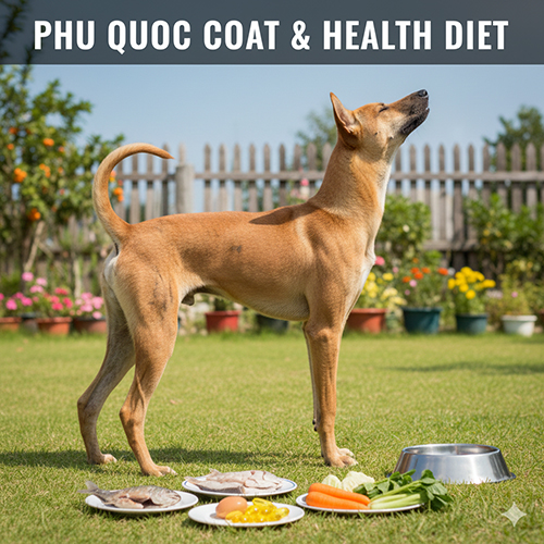 Chó Phú Quốc đứng trên bãi cỏ cạnh các thực phẩm hỗ trợ lông – da như cá, trứng, rau củ – minh họa chế độ ăn tăng omega và vitamin.