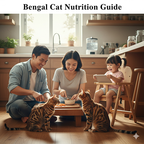 Gia đình nhỏ chuẩn bị thức ăn cho hai mèo Bengal trong bếp, minh họa cho hướng dẫn dinh dưỡng hợp lý.