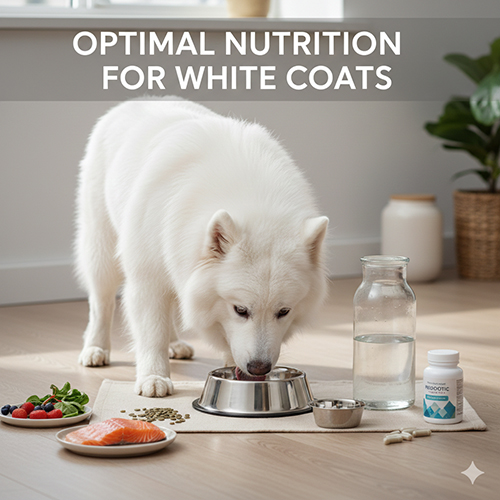 Chó lông trắng ăn uống khoa học với nước sạch, thực phẩm và vi chất hỗ trợ da lông