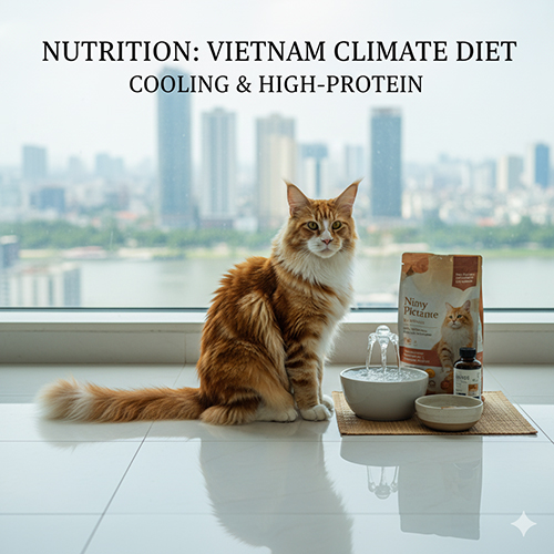 Mèo Mỹ lông dài ăn trước cửa kính với bộ đồ ăn và hạt, minh họa dinh dưỡng phù hợp khí hậu Việt Nam