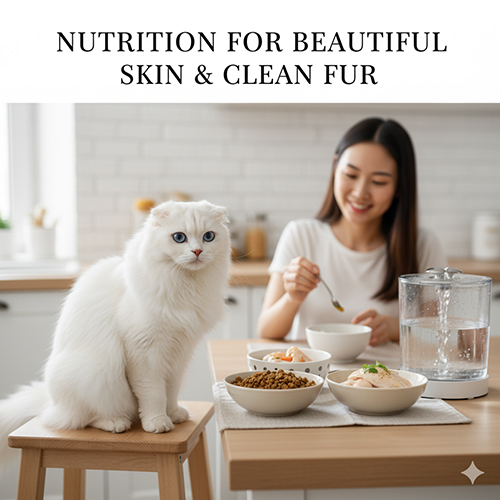 Mèo tai cụp trắng (Scottish Fold) ngồi trên ghế cạnh bàn ăn với các bát thức ăn hạt, pate và thịt hấp.