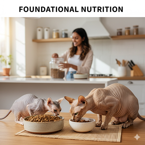 Hai mèo Không lông Sphynx đang ăn trong bếp, minh họa phần dinh dưỡng nền tảng