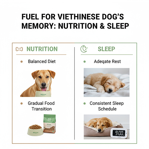 Bảng minh họa về dinh dưỡng và giấc ngủ cho chó cỏ gồm hai phần: chế độ ăn cân bằng và lịch ngủ đều đặn, giúp tăng khả năng ghi nhớ và học hỏi.