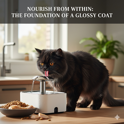 Mèo Ba Tư đen uống nước từ đài nước trong bếp cùng bát thức ăn đặt cạnh