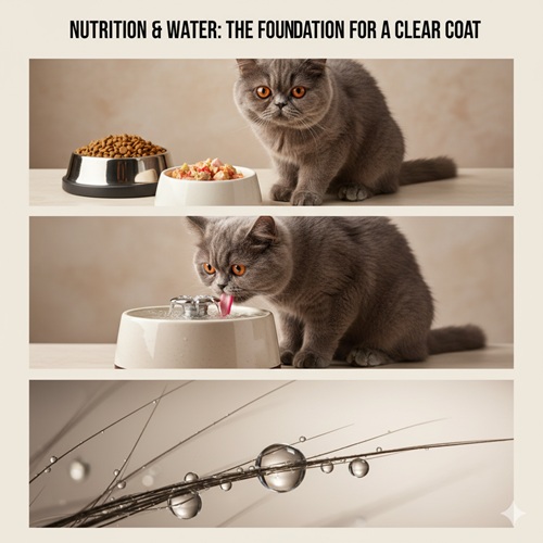 Mèo Ba Tư xám ăn thức ăn ướt – khô, uống nước từ fontain và hình macro giọt nước trên sợi lông thể hiện coat khỏe