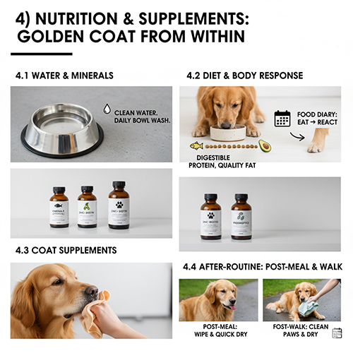 Infographic dinh dưỡng và vi chất cho chó Golden: nước sạch, khẩu phần dễ tiêu, bổ sung omega-3, kẽm-biotin, probiotic và thói quen sau ăn/sau dạo
