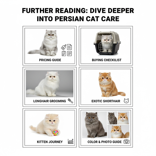 6 ô chủ đề đọc tiếp về mèo Ba Tư gồm giá, checklist mua, grooming lông dài, exotic shorthair, mèo con và màu lông – ảnh định hướng đọc sâu hơn
