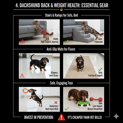 Phụ kiện bảo vệ lưng và kiểm soát cân nặng cho chó Lạp xưởng như bậc thang, thảm chống trượt và đồ chơi an toàn