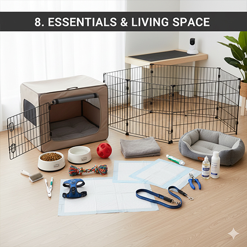 Đồ dùng cơ bản và không gian sống cho chó gồm chuồng, pen, bát ăn, nệm và phụ kiện
