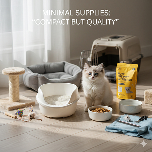 Mèo Ragdoll con ngồi giữa bộ đồ dùng tối thiểu như khay cát, bát ăn, trụ cào và giường êm