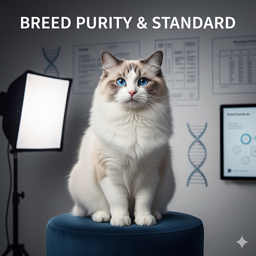 Mèo Ragdoll ngồi trước phông nền phòng kiểm định với biểu tượng DNA, minh họa độ thuần và tiêu chuẩn giống