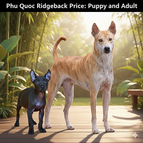 Chó Phú Quốc con và chó trưởng thành đứng cạnh nhau minh họa sự khác biệt giá theo độ tuổi, giới tính và mục đích nuôi