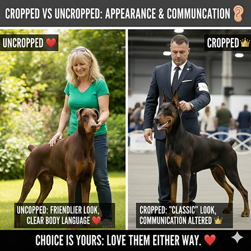 Anh so sanh Doberman cat tai cat duoi va Doberman de tu nhien ve ngoai hinh va ngon ngu co the