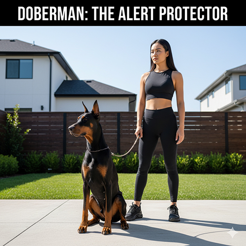 Chó Doberman ngồi cảnh giác bên cạnh cô chủ mặc đồ thể thao trong sân nhà hiện đại, thể hiện vẻ mạnh mẽ và thông minh.