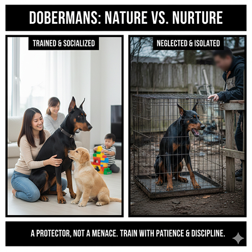 So sánh Doberman được huấn luyện xã hội hóa tốt trong gia đình và Doberman bị nhốt cô lập, minh họa ảnh hưởng cách nuôi