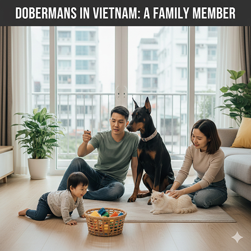 Gia đình trong căn hộ chơi cùng chó Doberman trong phòng khách, nuôi Doberman như thành viên gia đình ở Việt Nam