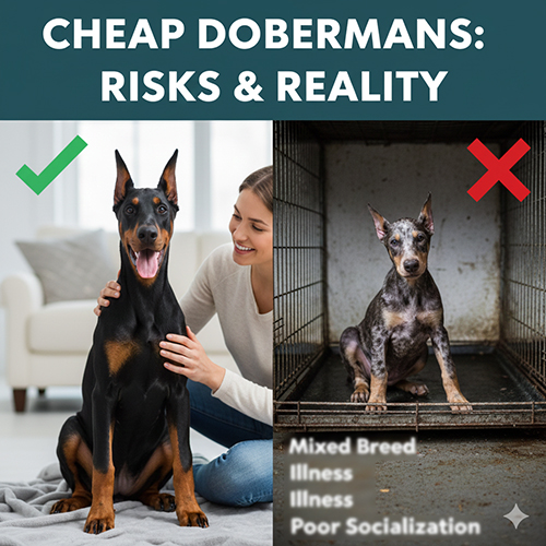 So sánh Doberman con khỏe mạnh được chăm đúng cách và một bé Doberman con giá rẻ trong chuồng tối tăm