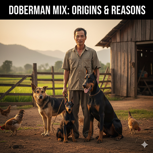 Người đàn ông đứng cùng chó Doberman và chó lai trong khung cảnh nông thôn – minh họa khái niệm Doberman lai và lý do người ta lai tạo.