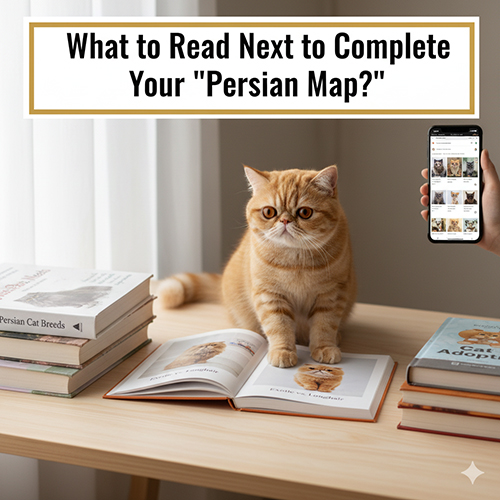 Mèo Ba Tư lông ngắn ngồi trên bàn giữa các sách về mèo Ba Tư, cạnh điện thoại hiển thị hình mèo.