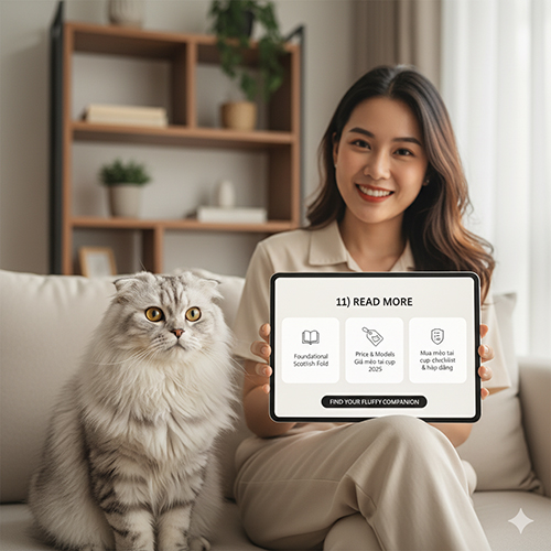 Cô gái ngồi trên sofa cạnh mèo Scottish Fold lai Anh lông dài màu silver, cầm máy tính bảng hiển thị mục “Read More” với các bài liên quan đến Scottish Fold và hướng dẫn mua.