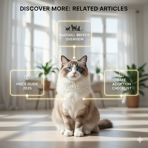 Mèo Ragdoll bicolor ngồi giữa phòng sáng, các ô gợi ý bài viết liên quan như tổng quan giống, bảng giá và checklist an toàn