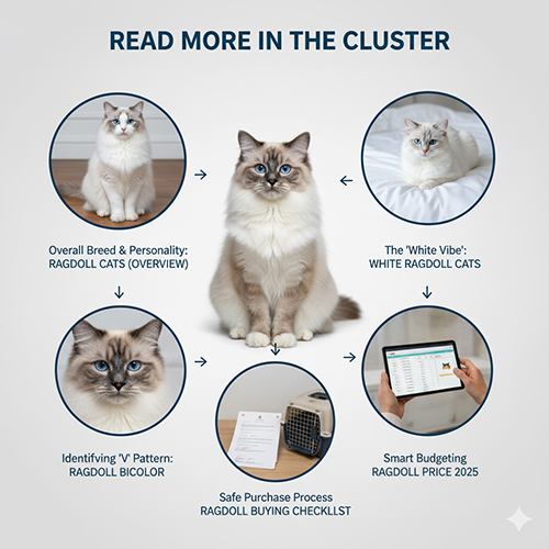 Hình minh họa các bài viết liên quan trong cluster Ragdoll như thuần chủng, bicolor, white vibe và checklist mua