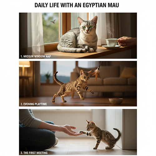 Đời sống hằng ngày cùng mèo Egyptian Mau qua những khoảnh khắc nghỉ trưa, chơi tối và lần gặp đầu tiên